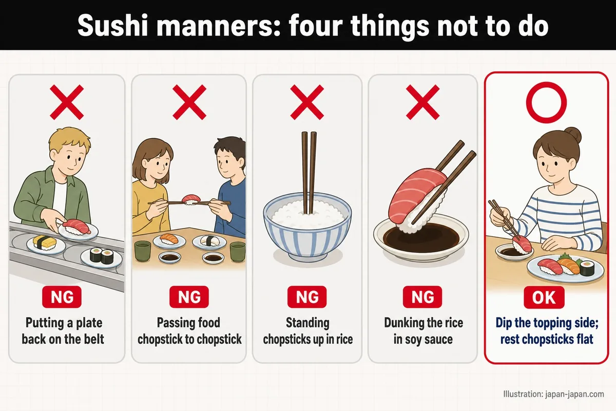寿司のマナー: やってはいけない4つのこと。皿をレーンに戻す。箸から箸へ食べ物を渡す。