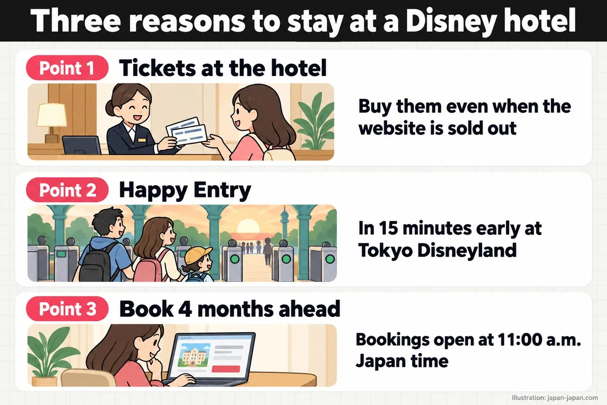Three reasons to stay at a Disney hotel. Point 1. Tickets at the hotel. Buy them even when the website is sold out. Point 2..