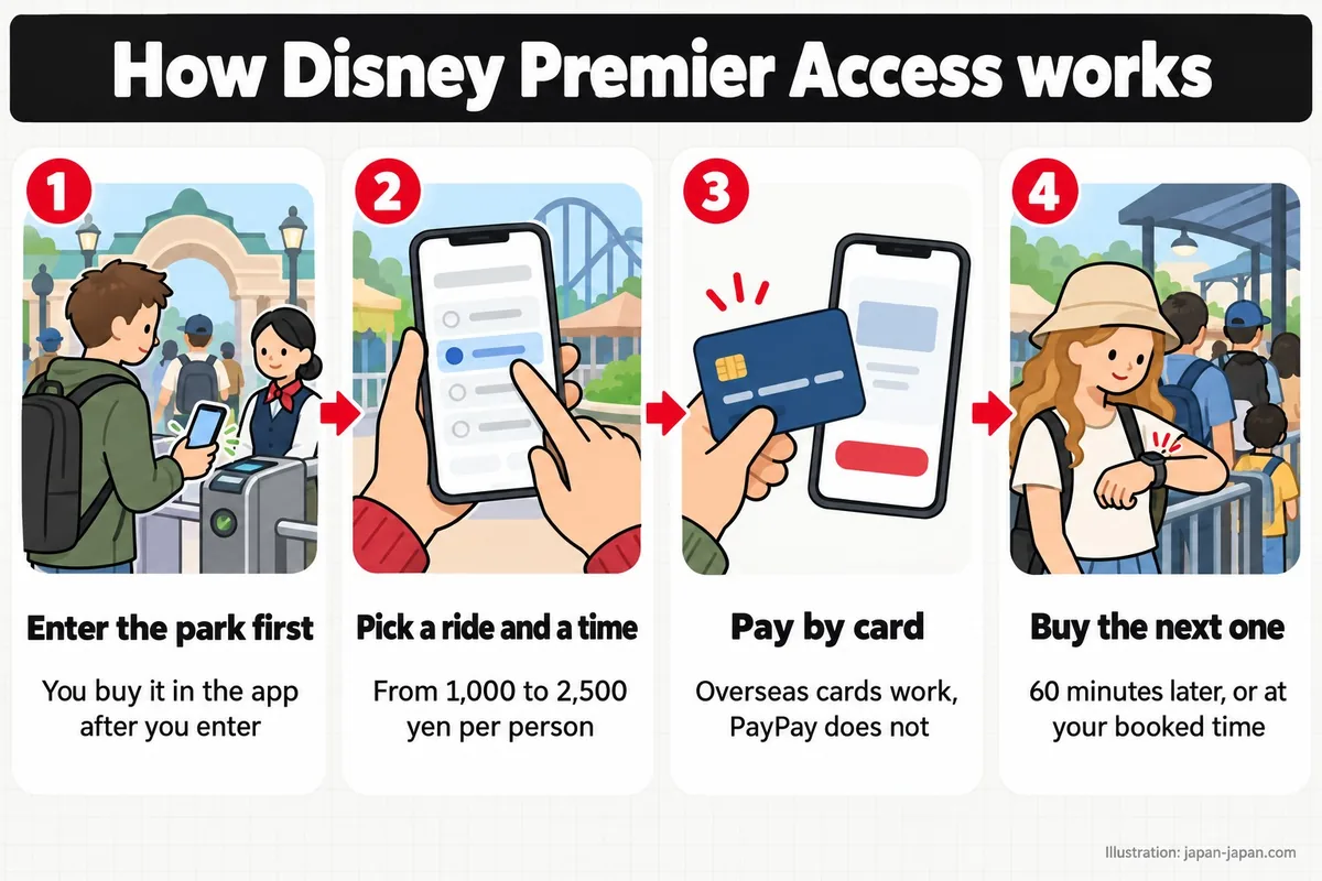 How Disney Premier Access works. Enter the park first. You buy it in the app after you enter. Pick a ride and a time. From.