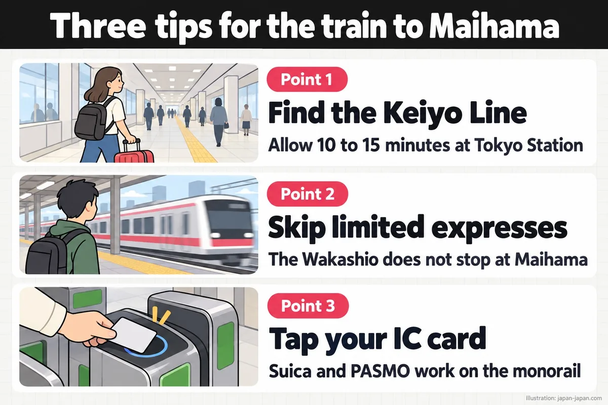 Three tips for the train to Maihama. Point 1. Find the Keiyo Line. Allow 10 to 15 minutes at Tokyo Station. Point 2. Skip.