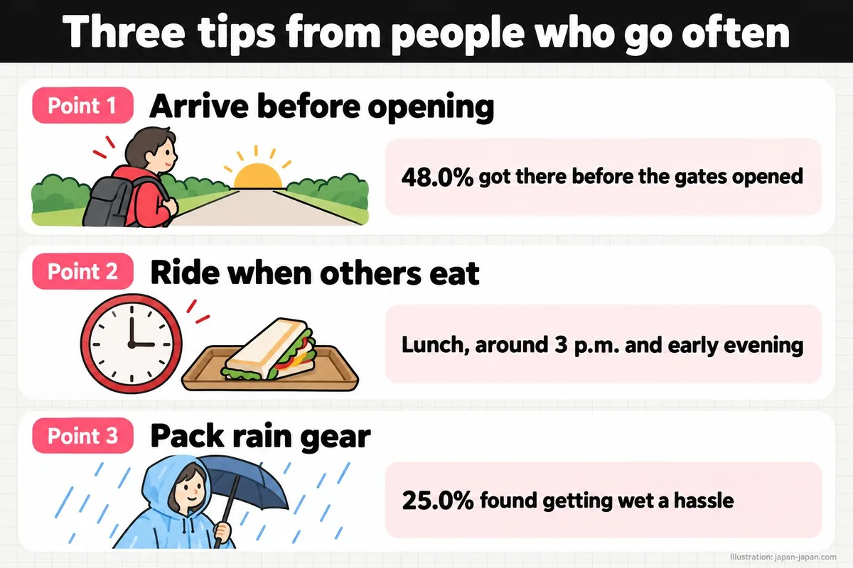Three tips from people who go often. Point 1. Arrive before opening. 48.0% got there before the gates opened. Point 2. Ride.