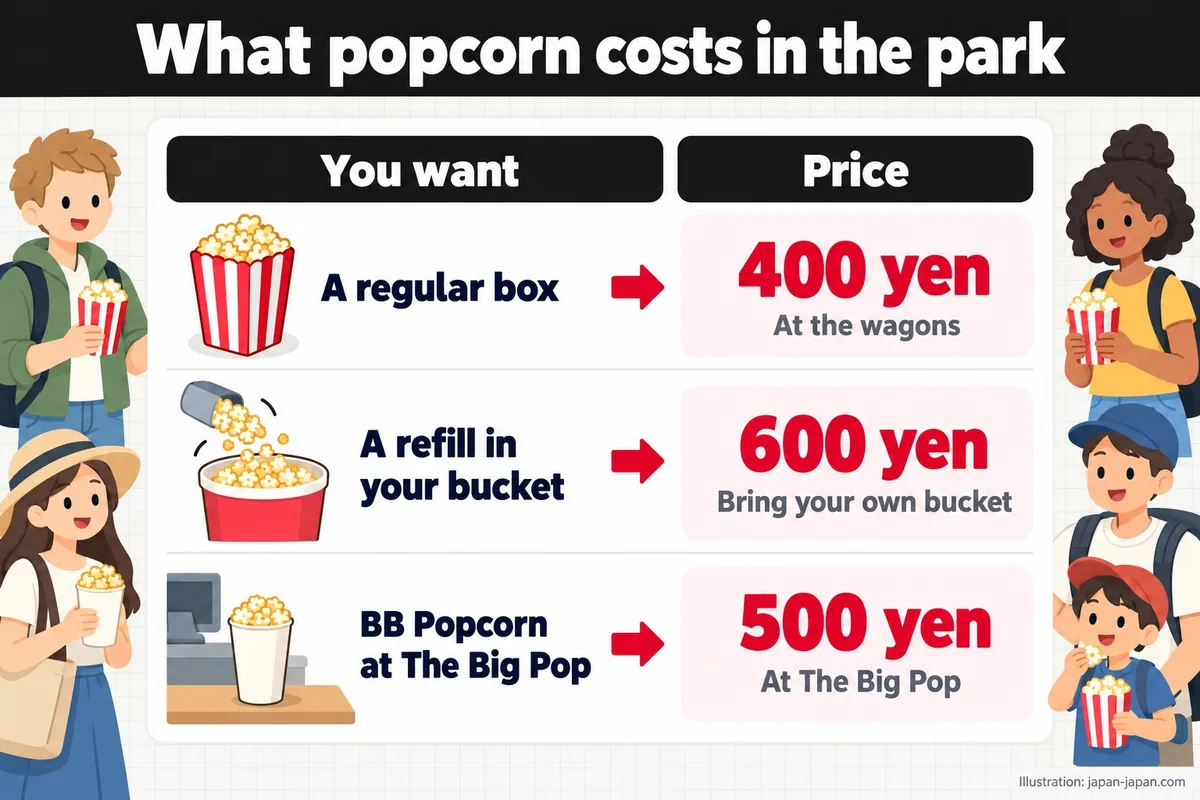 パーク内のポップコーンの料金。欲しいもの。料金。レギュラーボックス。400円。ワゴンで。自分のバケットへのリフィル。600円。