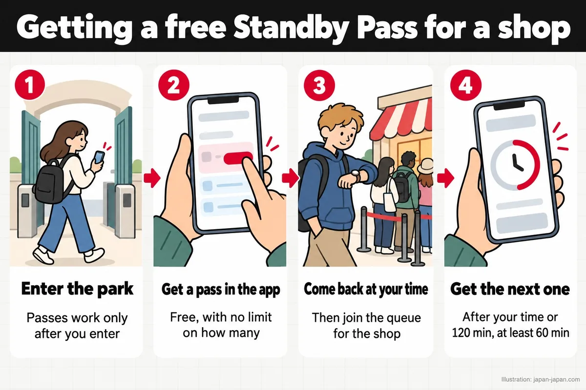 Getting a free Standby Pass for a shop. Enter the park. Passes work only after you enter. Get a pass in the app. Free, with.
