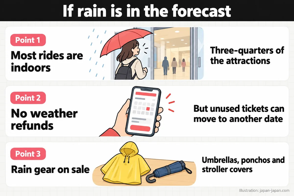 If rain is in the forecast. Point 1. Most rides are indoors. Three-quarters of the attractions. Point 2. No weather refunds..