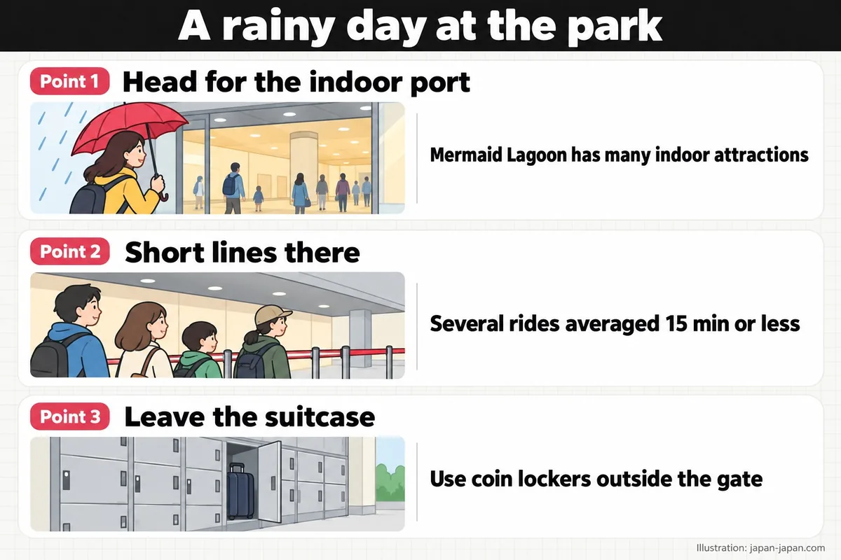 雨の日のパーク。ポイント1。屋内のポートへ向かう。マーメイドラグーンには屋内アトラクションが多い。ポイント2。待ち時間が短い。