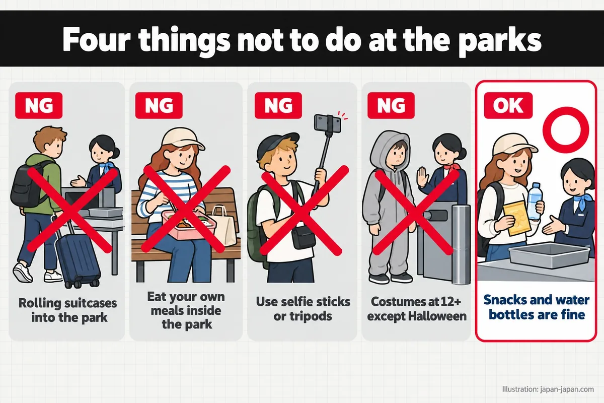 Four things not to do at the parks. Rolling suitcases into the park. Eat your own meals inside the park. Use selfie sticks.