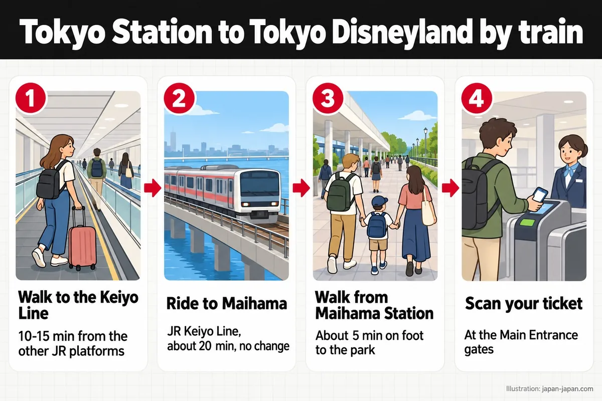 電車で東京駅から東京ディズニーランドへ。京葉線のホームへ歩く。ほかのJRのホームから10分から15分。舞浜まで乗る。