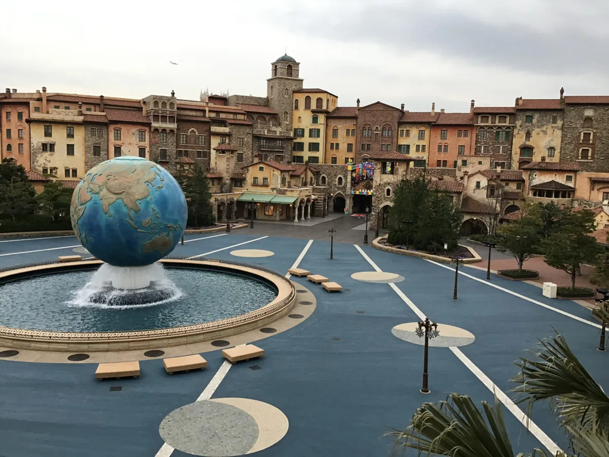 Empty entrance plaza with the DisneySea Aquasphere globe fountain and Hotel MiraCosta behind