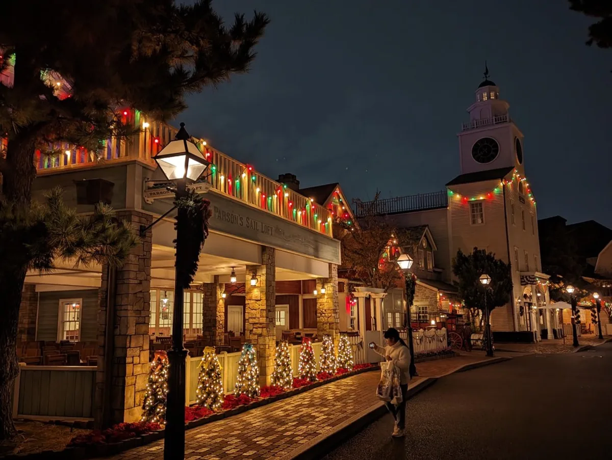 Cape Cod street lined with lights at night