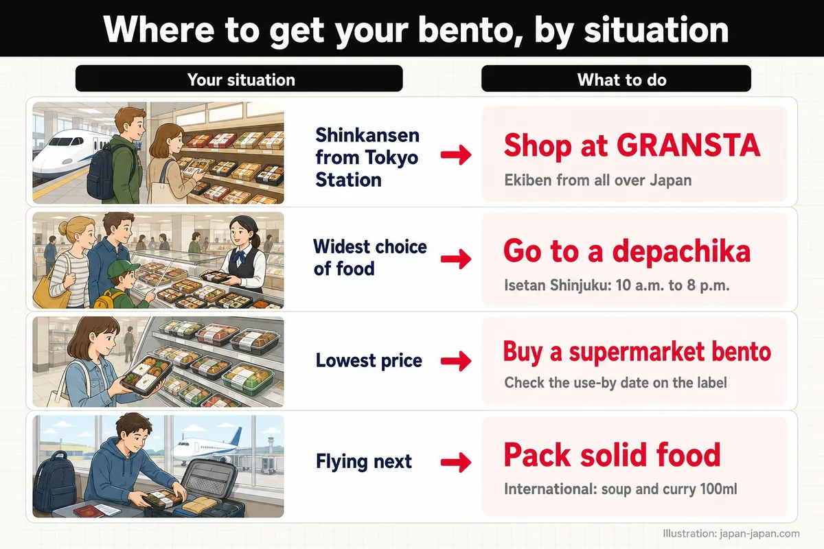 Where to get your bento, by situation. Your situation. What to do. Shinkansen from Tokyo Station. Shop at GRANSTA.