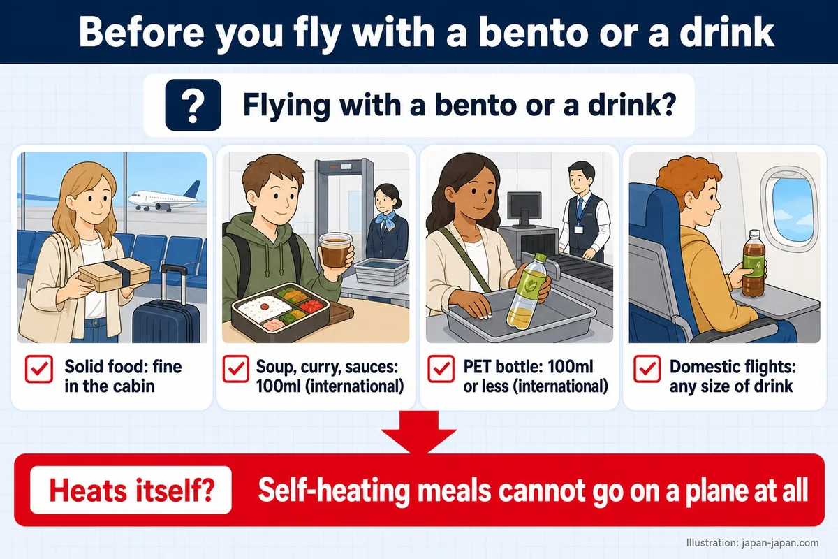 Before you fly with a bento or a drink. Flying with a bento or a drink? Solid food: fine in the cabin.