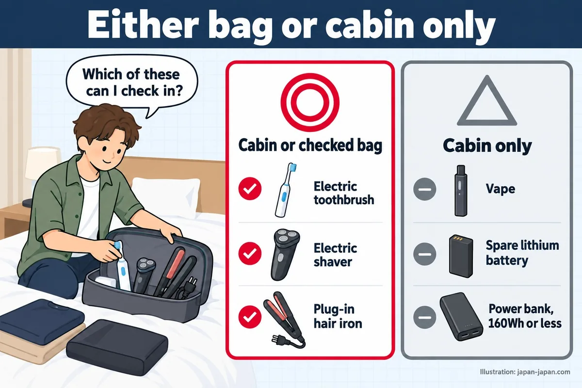 どちらの荷物でもよいか、客室のみか。これらのうち預け荷物にできるのはどれ?機内持ち込みか預け荷物。電動歯ブラシ。電気シェーバー。