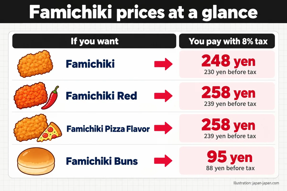 Famichiki prices at a glance. If you want. You pay with 8% tax. Famichiki. 248 yen. 230 yen before tax. Famichiki Red.