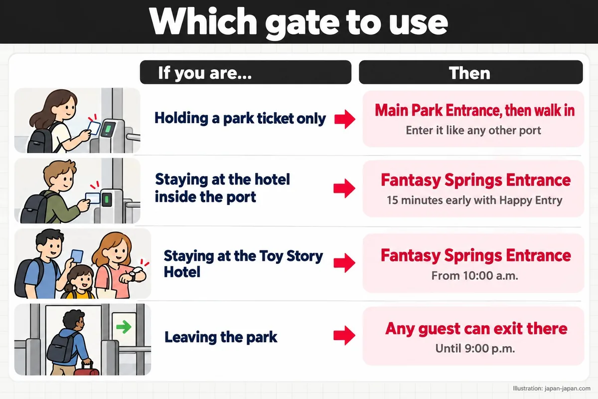 어느 게이트를 이용할까. 이런 경우라면…. 이렇게. 파크 티켓만 있다. 메인 파크 엔트런스로 들어가서 걸어가기.