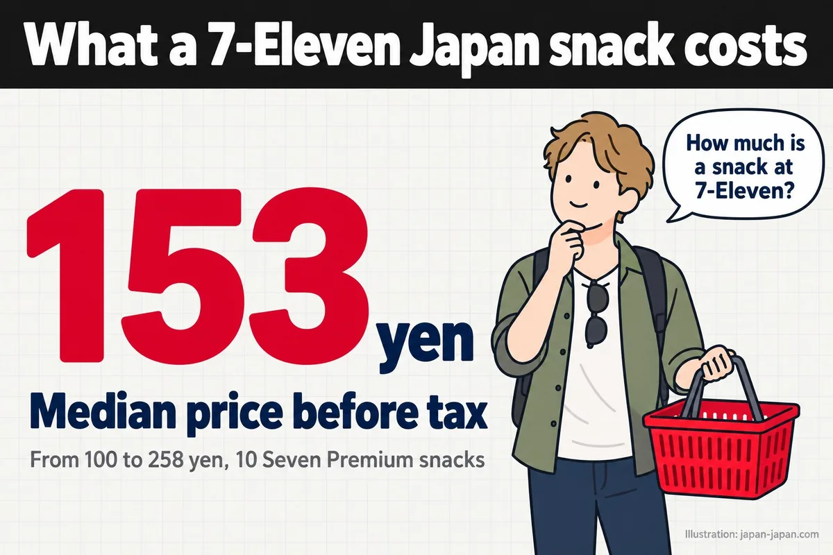 What a 7-Eleven Japan snack costs. 153yen. Median price before tax. From 100 to 258 yen, 10 Seven Premium snacks. How much.