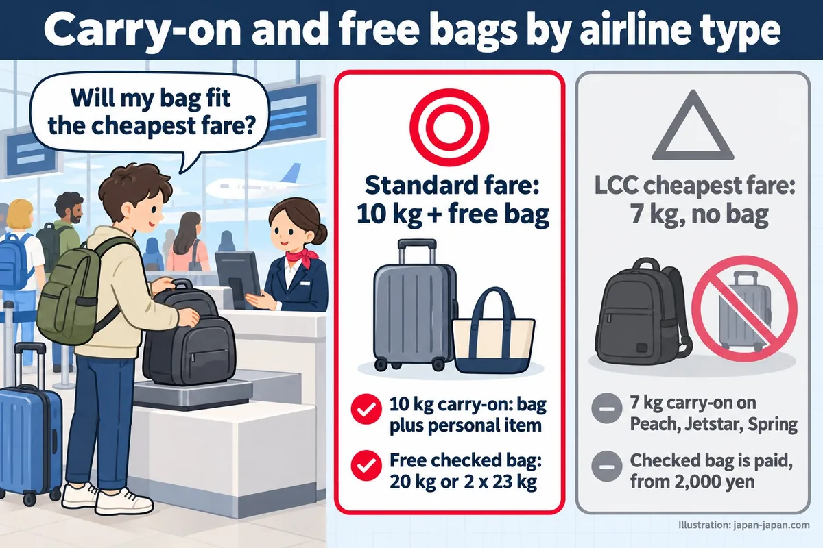 Carry-on and free bags by airline type. Will my bag fit the cheapest fare? Standard fare: 10 kg + free bag.