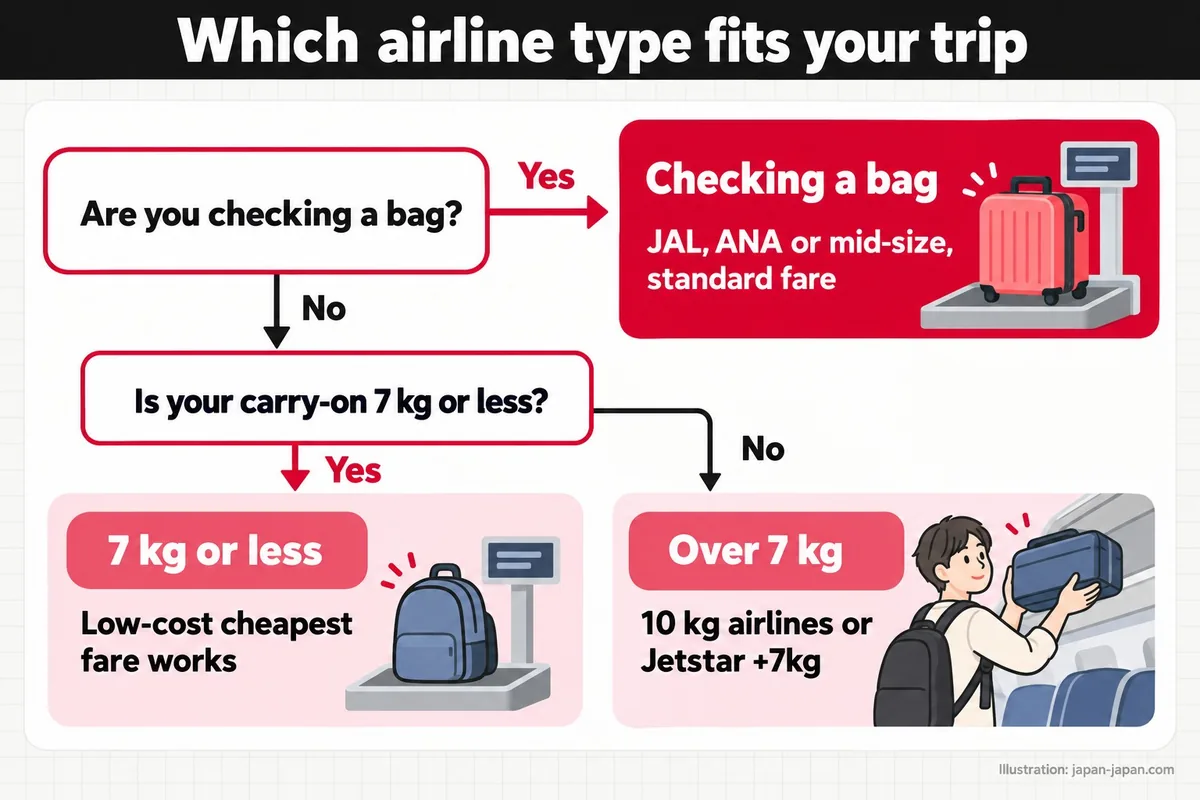 Which airline type fits your trip. Are you checking a bag? Is your carry-on 7 kg or less? Checking a bag.
