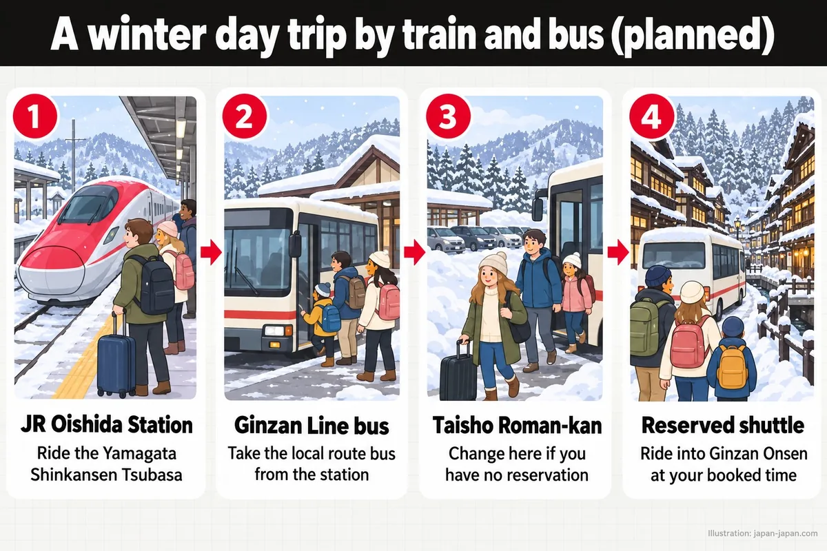 電車とバスで行く冬の日帰り旅行（予定）。JR大石田駅。山形新幹線つばさに乗る。銀山線バス。