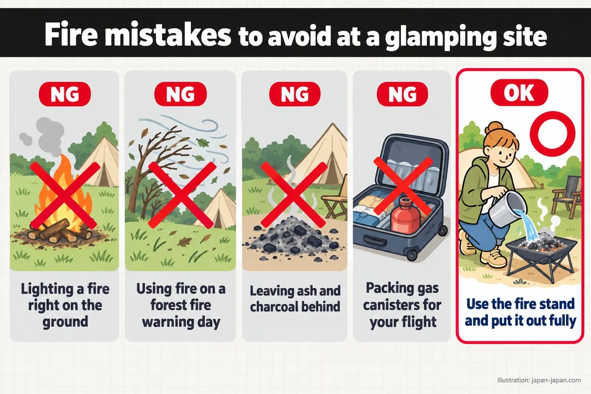 Fire mistakes to avoid at a glamping site. Lighting a fire right on the ground. Using fire on a forest fire warning day.