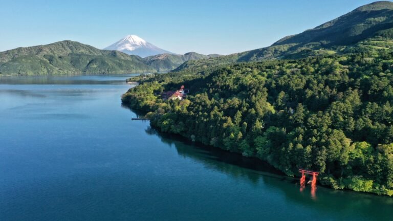 Lake Ashi in Hakone with the Hakone Shrine torii and Mount Fuji