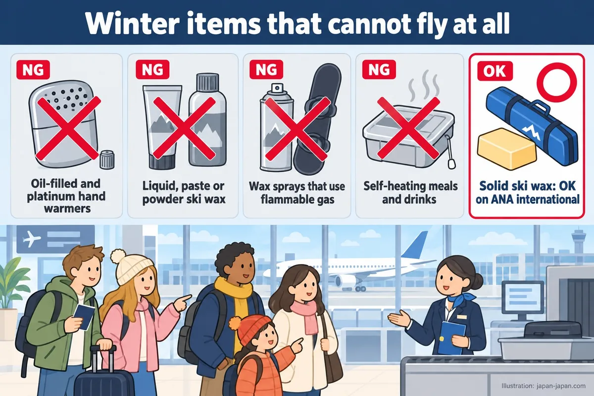 Winter items that cannot fly at all. Oil-filled and platinum hand warmers. Liquid, paste or powder ski wax.