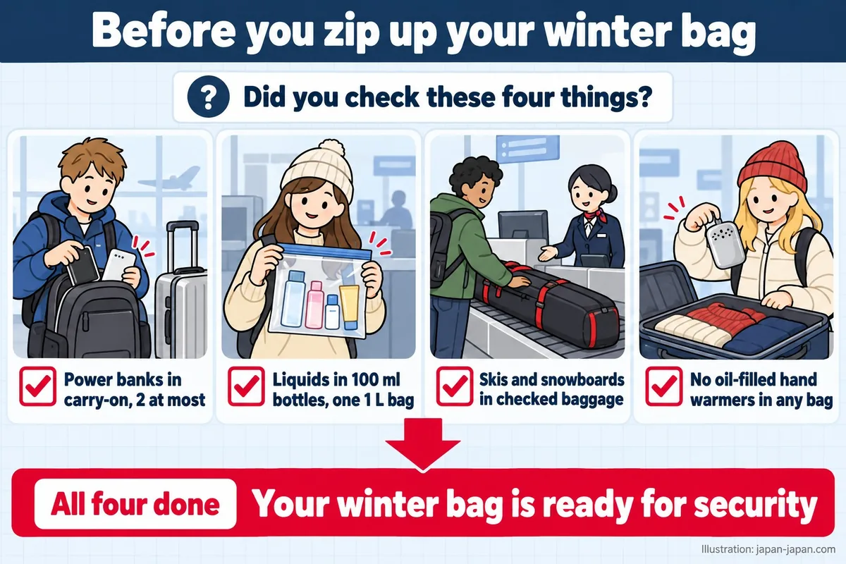 Checklist before a winter flight: power banks in carry-on, 100 ml liquids, skis checked, no oil-filled hand warmers.