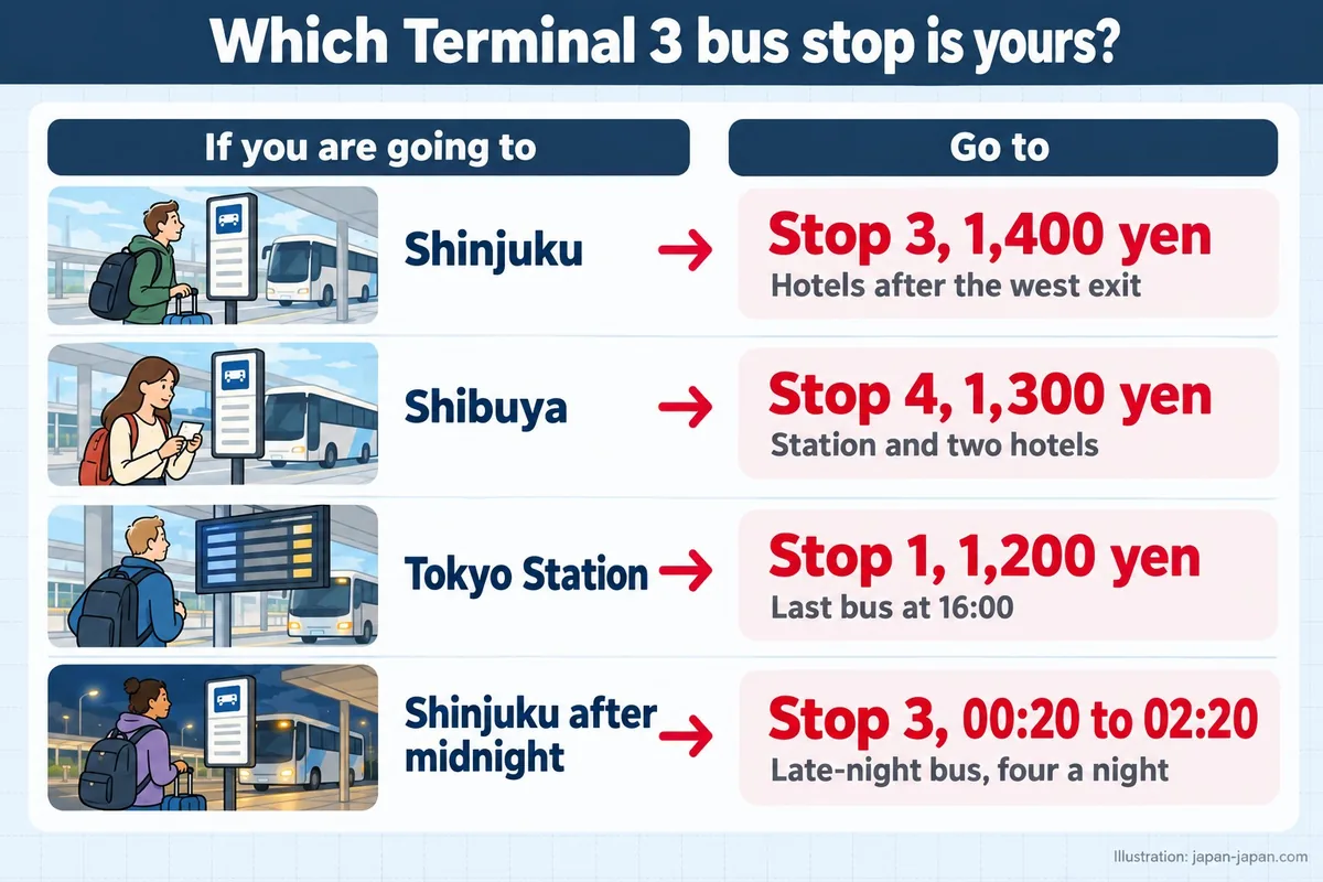 Which Terminal 3 bus stop is yours? If you are going to. Go to. Shinjuku. Stop 3, 1,400 yen. Hotels after the west exit.