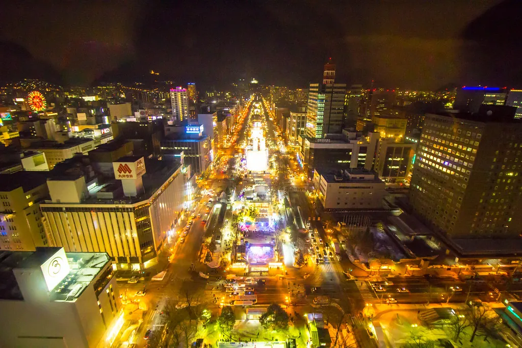 Aerial night view of Sapporo Odori Park's long boulevard with an illuminated TV tower, Ferris wheel, and surrounding city bui
