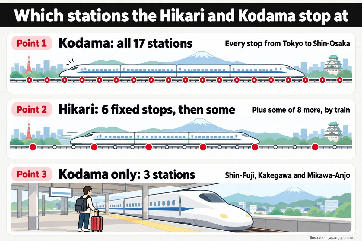 Which stations the Hikari and Kodama stop at. Point 1. Kodama: all 17 stations. Every stop from Tokyo to Shin-Osaka.