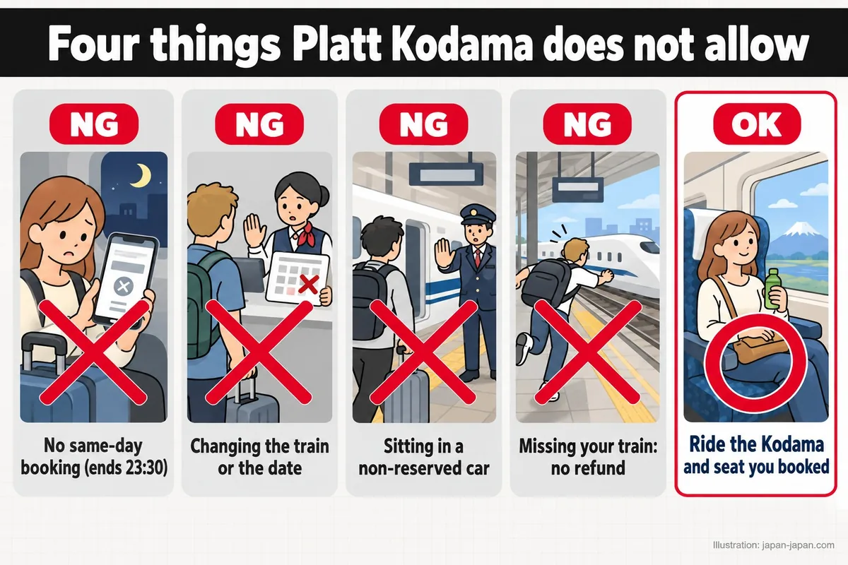 Four things Platt Kodama does not allow. No same-day booking (ends 23:30). Changing the train or the date.