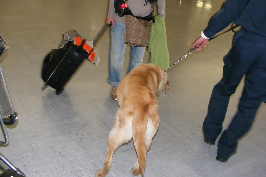 A detection dog on a leash walking past a passenger with luggage in an airport arrivals hall
