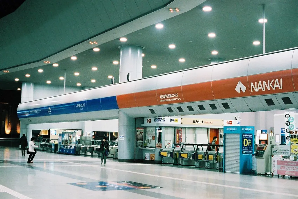 Ticket gates and vending machines below JR and NANKAI signs in the concourse of Kansai Airport Station