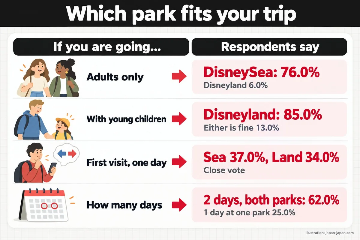 Which park fits your trip. If you are going…. Respondents say. Adults only. DisneySea: 76.0%. Disneyland 6.0%.