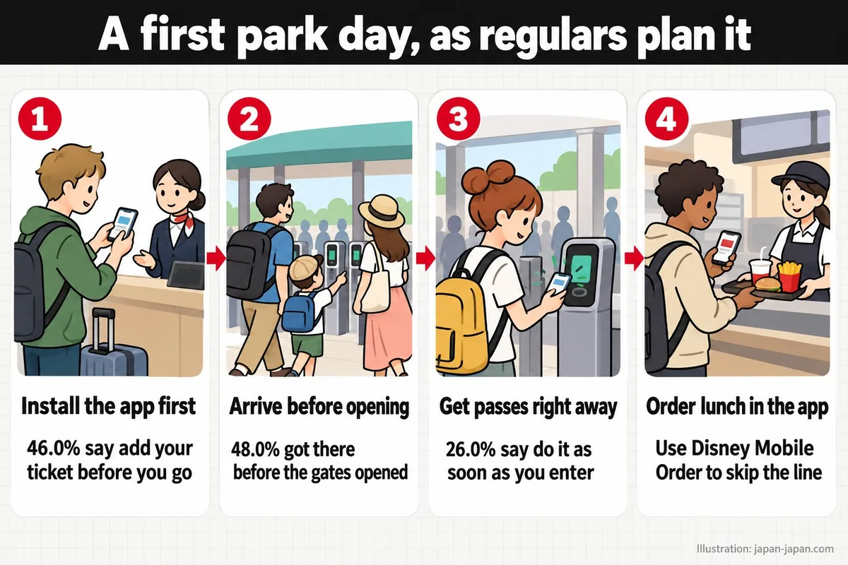 A first park day, as regulars plan it. Install the app first. 46.0% say add your ticket before you go.