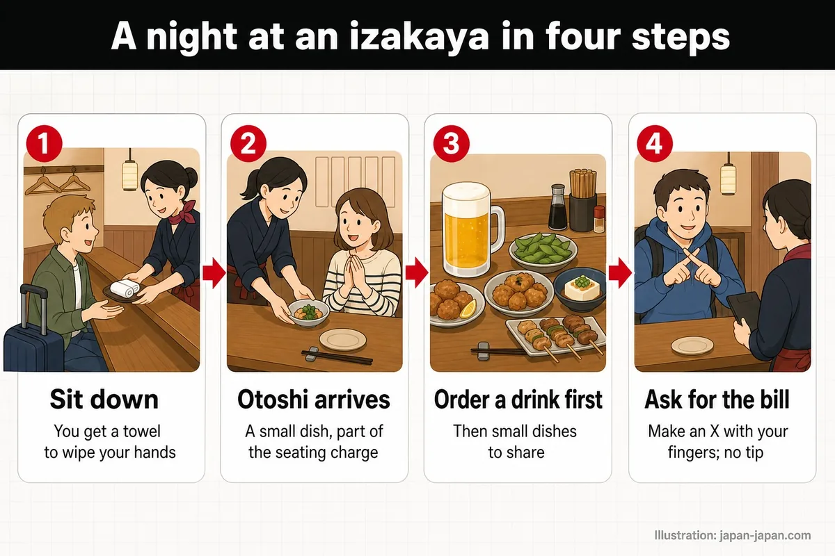 A night at an izakaya in four steps. Sit down. You get a towel to wipe your hands. Otoshi arrives.