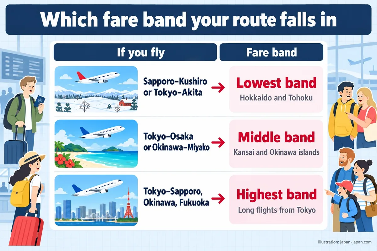 Which fare band your route falls in. If you fly. Fare band. Sapporo–Kushiro or Tokyo–Akita. Lowest band.