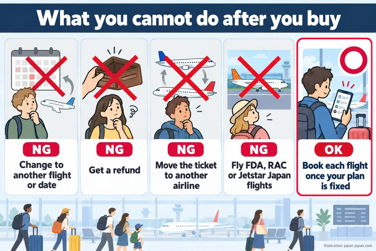 What you cannot do after you buy. Change to another flight or date. Get a refund. Move the ticket to another airline.