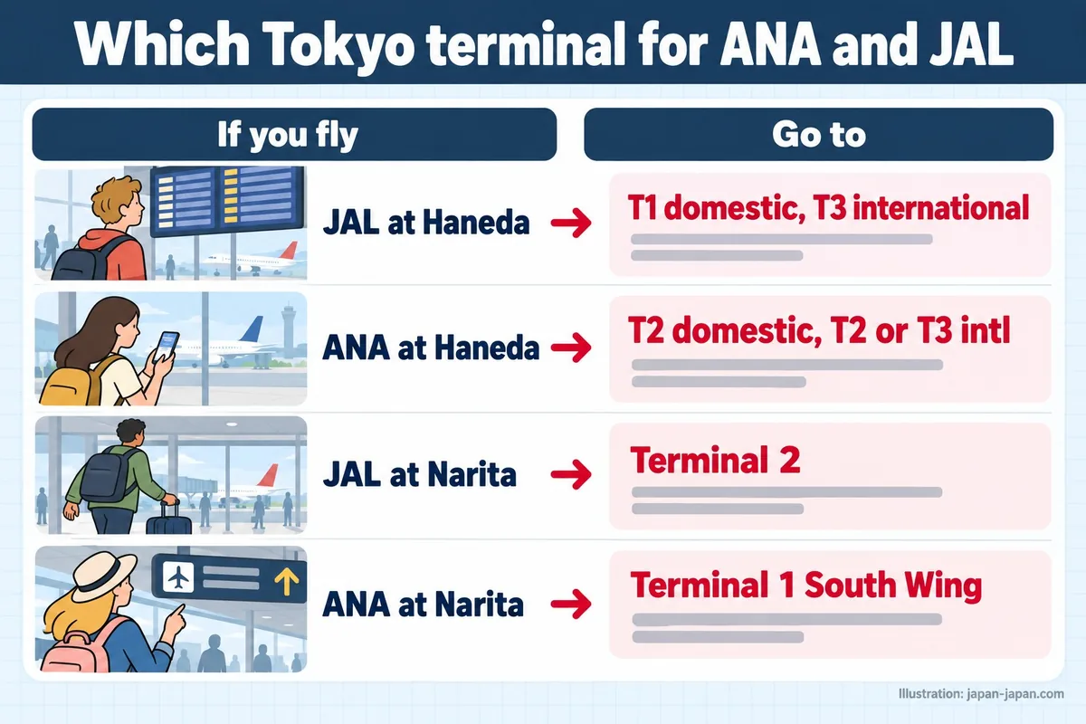 Which Tokyo terminal for ANA and JAL. If you fly. Go to. JAL at Haneda. T1 domestic, T3 international. ANA at Haneda.