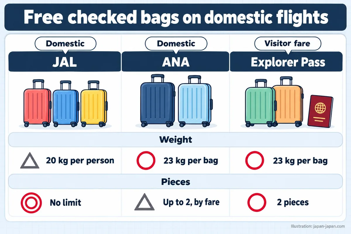 Free checked bags on domestic flights. Domestic. JAL. Domestic. ANA. Visitor fare. Explorer Pass. Weight. 20 kg per person.