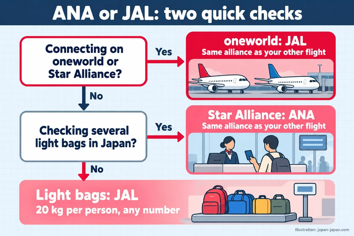 ANA or JAL: two quick checks. Connecting on oneworld or Star Alliance? Checking several light bags in Japan? oneworld: JAL.