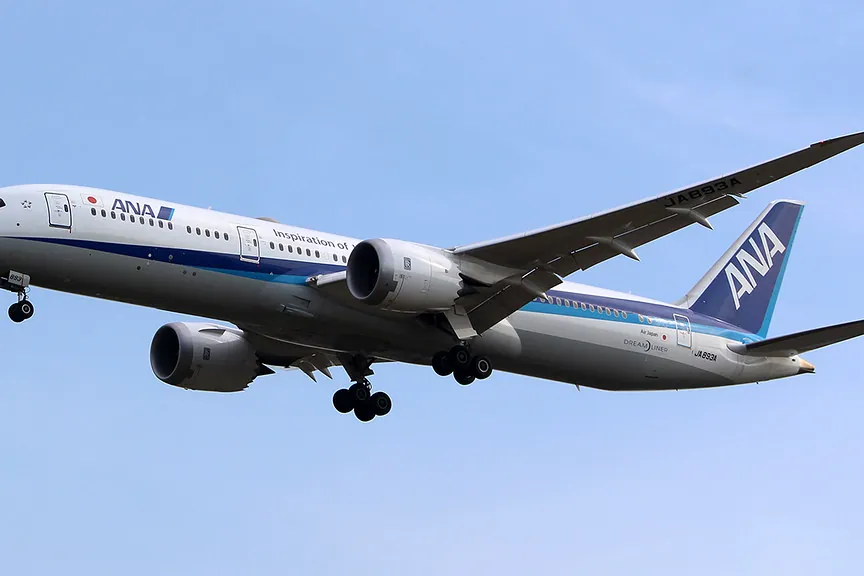 An ANA Boeing 787 Dreamliner in flight with its landing gear down