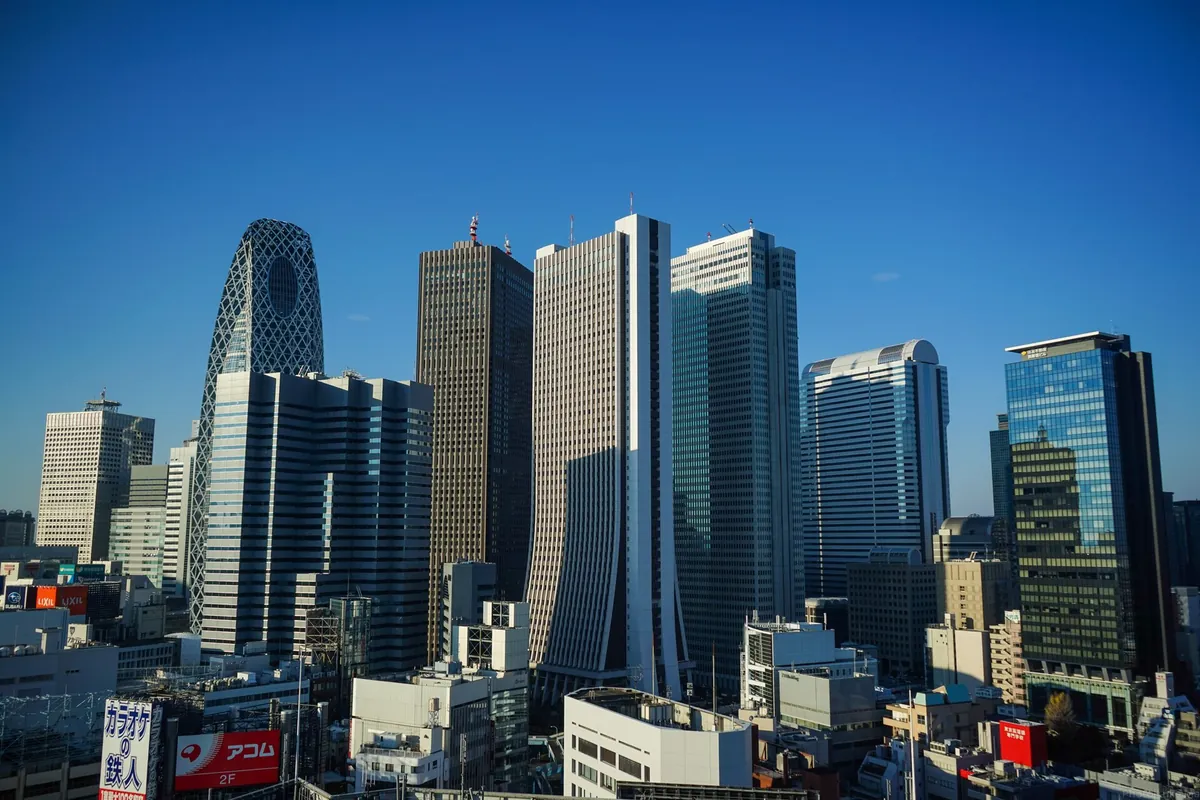 Skyline of high-rise hotel and office towers in Shinjuku, Tokyo