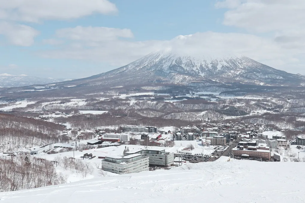 Snow-capped Mount Yotei seen from the Niseko Hirafu ski village below
