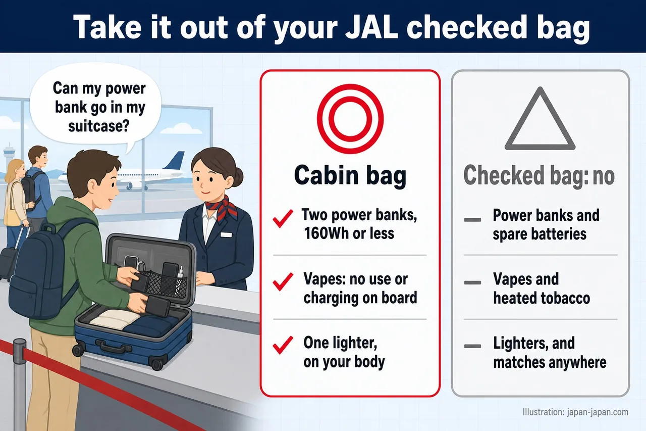 必須從 JAL 託運行李拿出來的物品:行動電源、備用電池、電子菸和打火機,以及各自的機艙規定