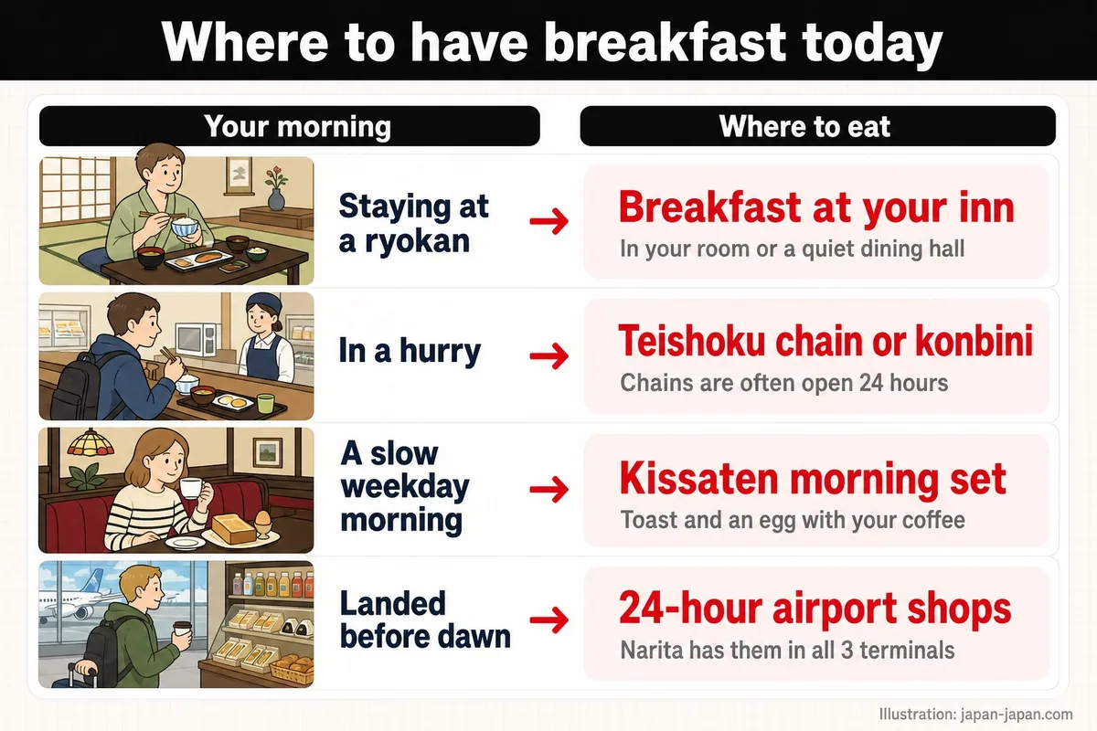 Where to have breakfast today. Your morning. Where to eat. Staying at a ryokan. Breakfast at your inn.