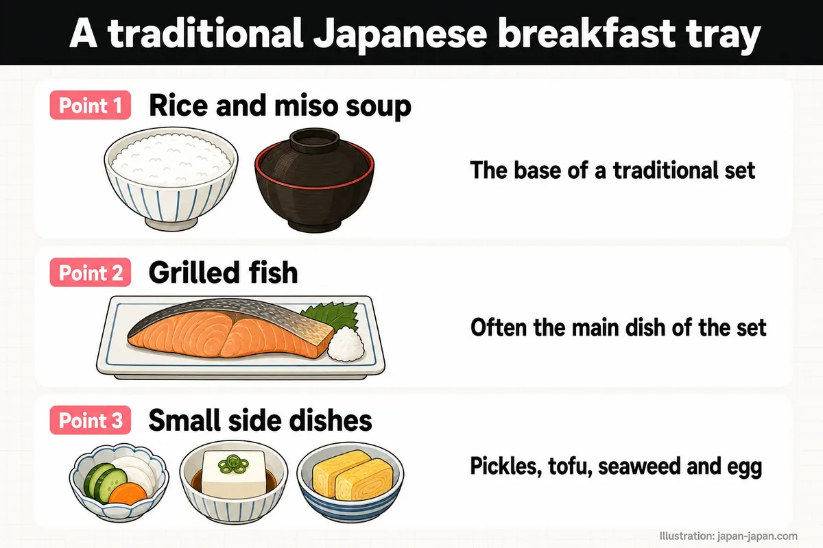 A traditional Japanese breakfast tray. Point 1. Rice and miso soup. The base of a traditional set. Point 2. Grilled fish.
