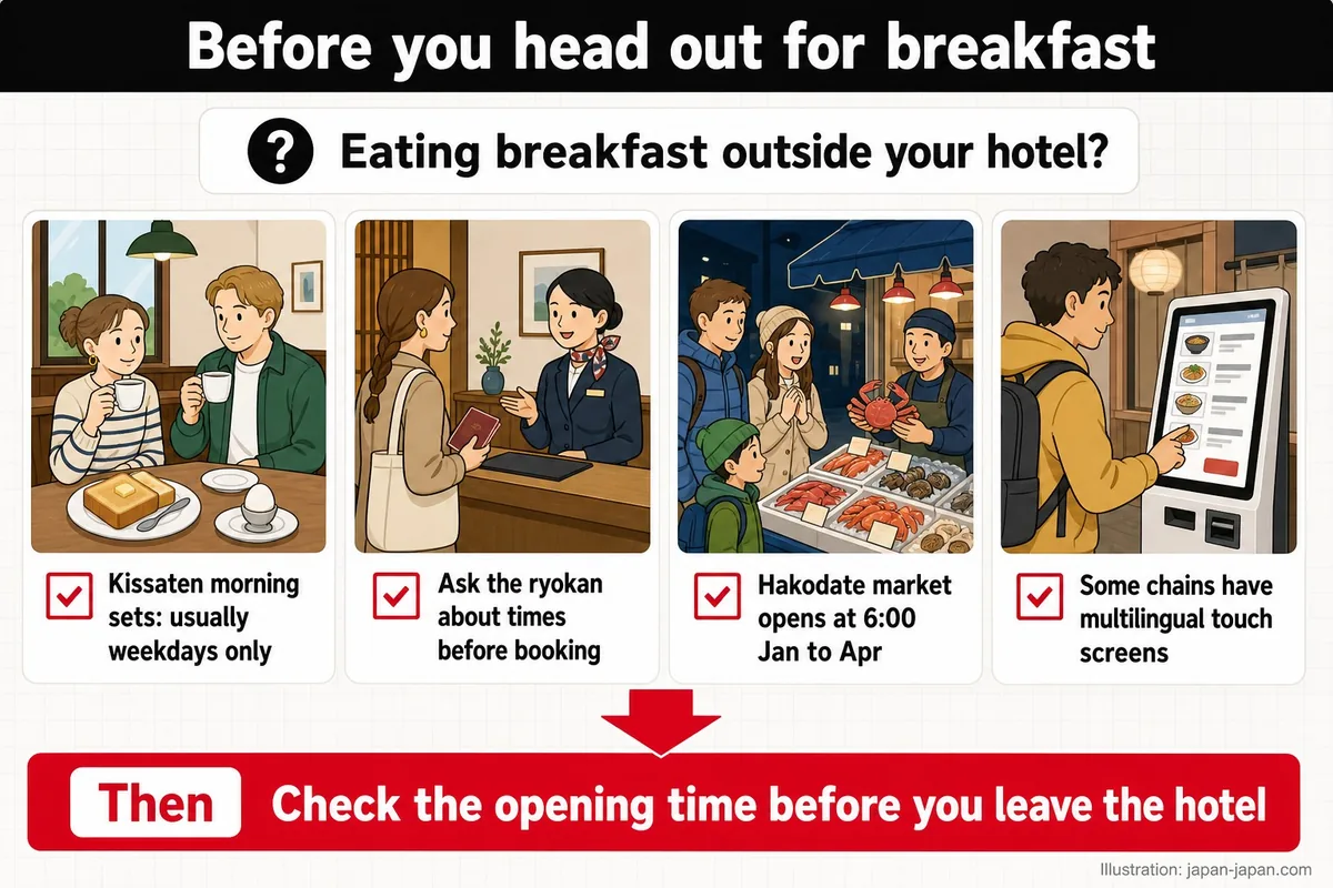 Before you head out for breakfast. Eating breakfast outside your hotel? Kissaten morning sets: usually weekdays only.
