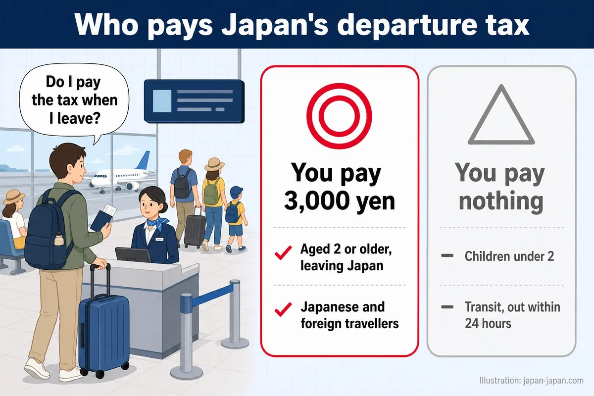 日本の出国税を払うのは誰か。出国するとき税金を払いますか？ 3,000円を払います。2歳以上で日本を出る人。