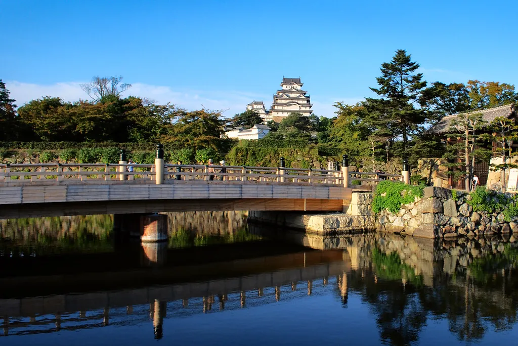 A bridge crossing the moat leading toward Himeji Castle, with the white keep visible beyond the trees