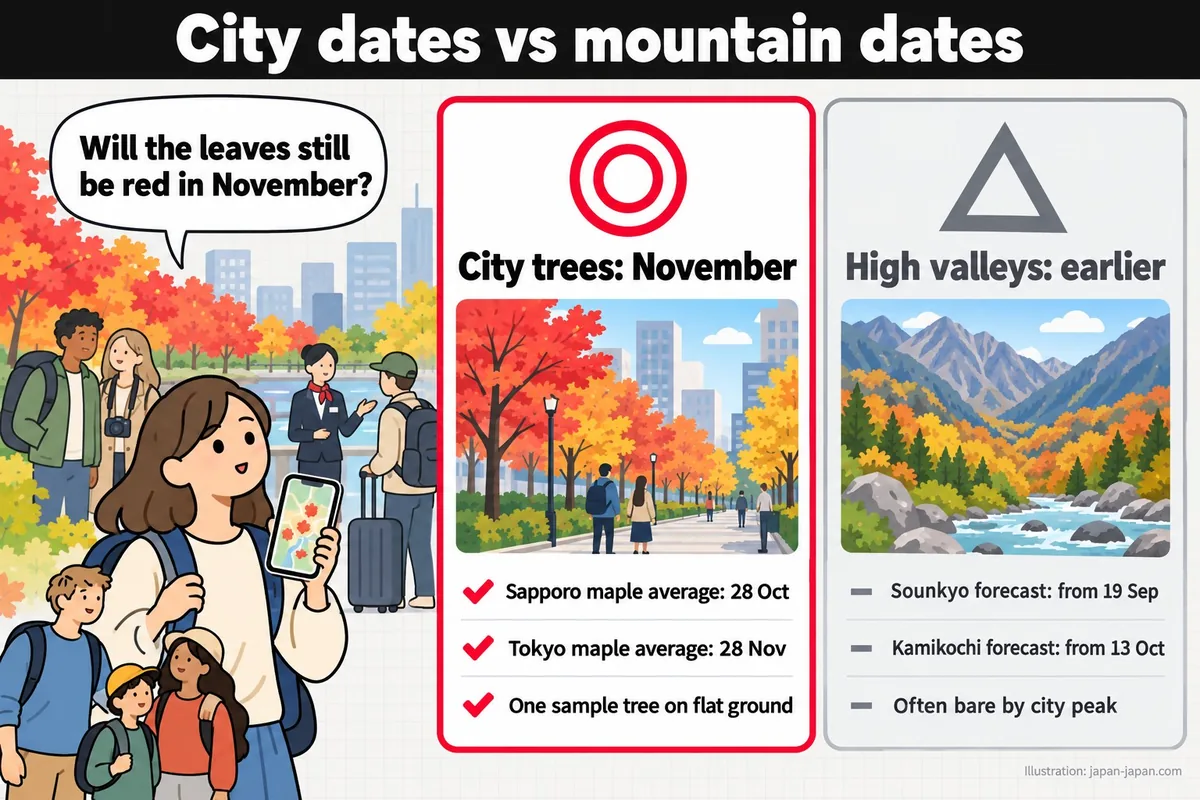 City dates vs mountain dates. Will the leaves still be red in November? City trees: November. Sapporo maple average: 28 Oct.